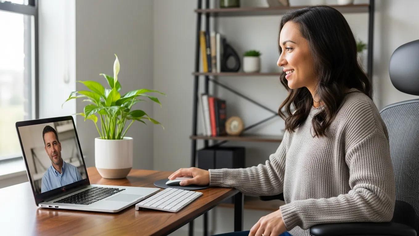 Therapist conducting a telehealth session on a laptop, illustrating telehealth integration in therapy