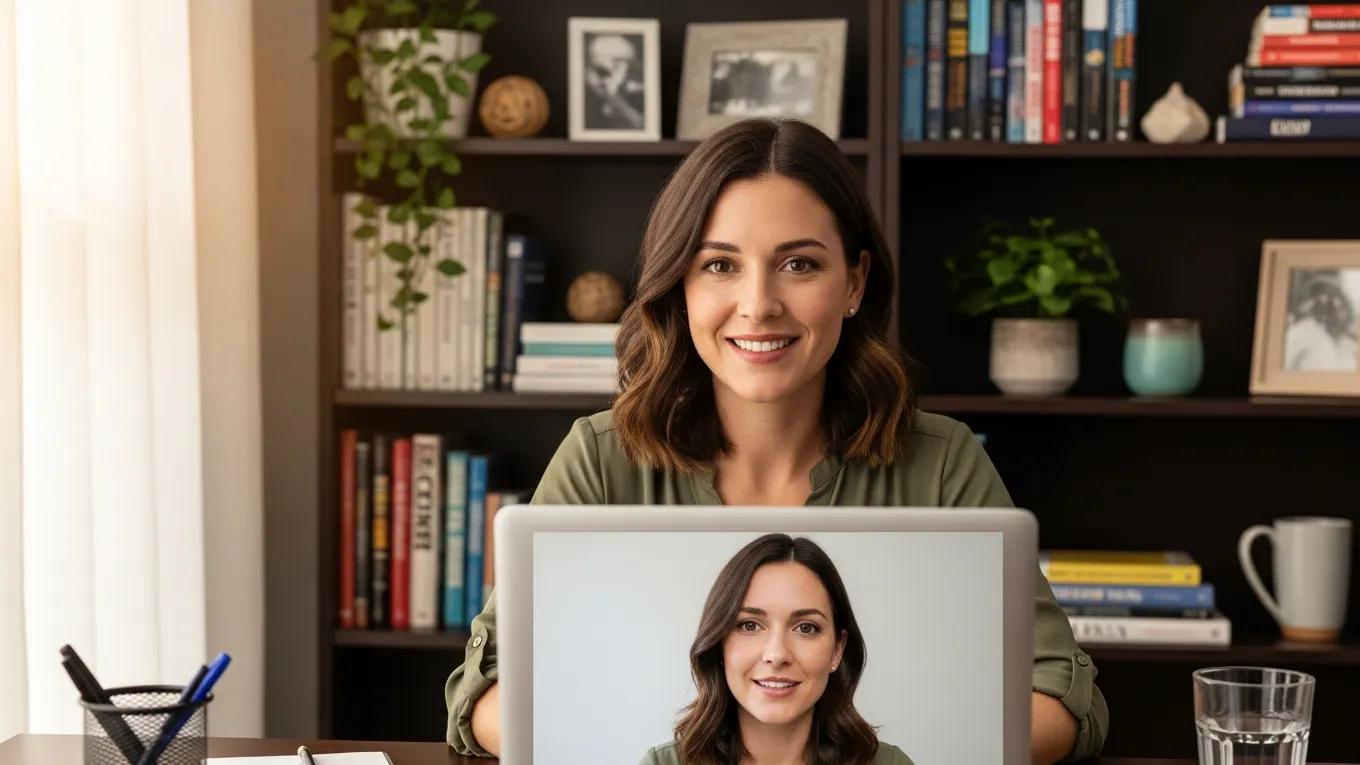Therapist in home office conducting telehealth session, enhancing client engagement