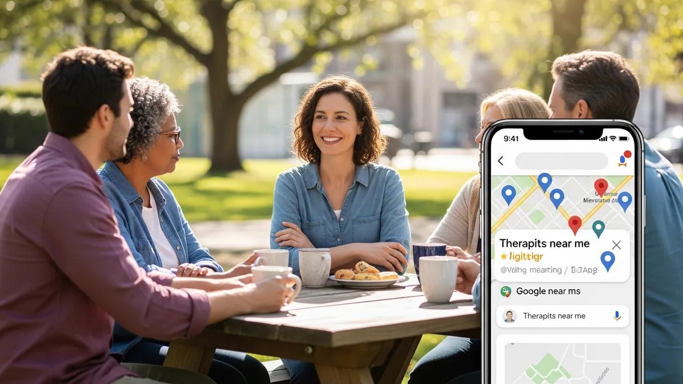 Therapist interacting with clients in a community setting, illustrating local SEO benefits