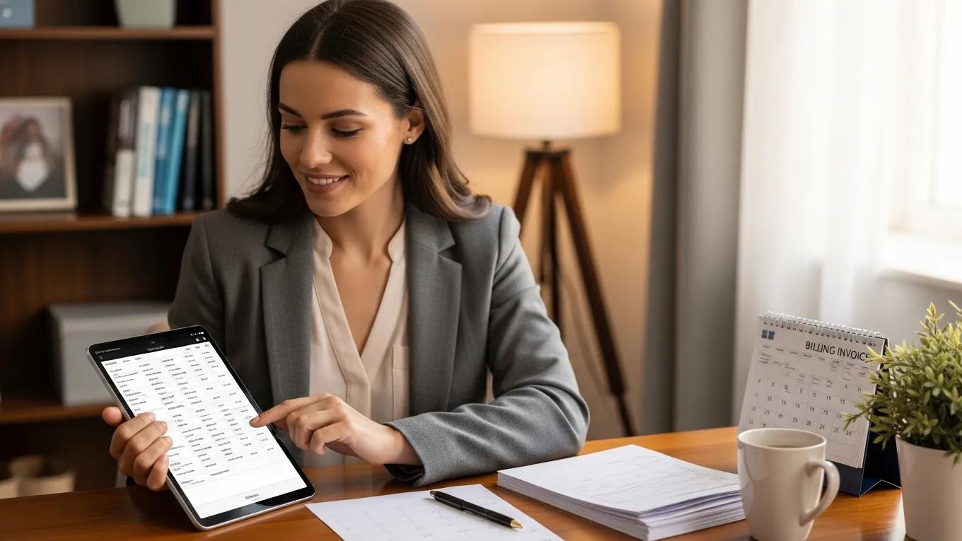 Therapist managing appointments and billing on a tablet in a cozy office, highlighting scheduling features