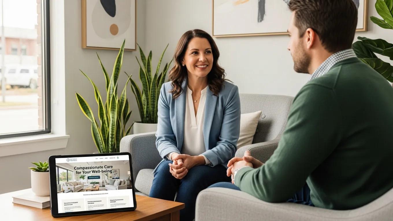 Therapist meeting with client, highlighting the benefits of owning a personal website