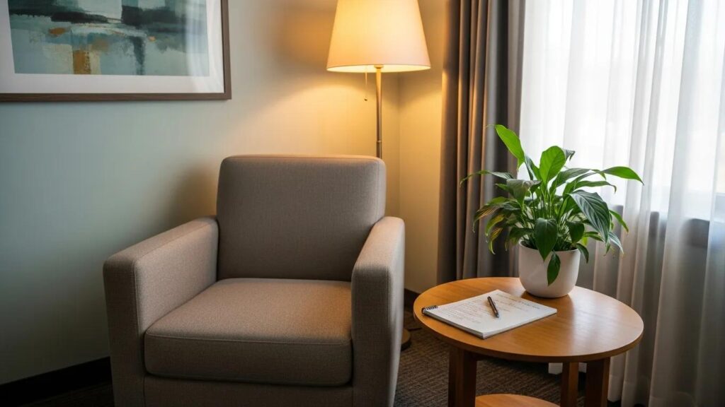 Therapist office with comfortable seating and calming atmosphere, representing SEO strategies for therapists