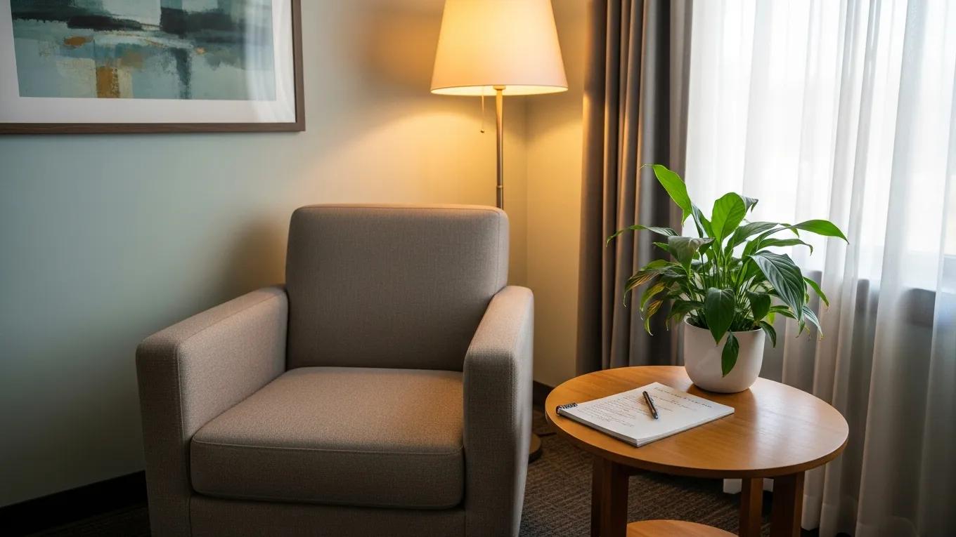 Therapist office with comfortable seating and calming atmosphere, representing SEO strategies for therapists