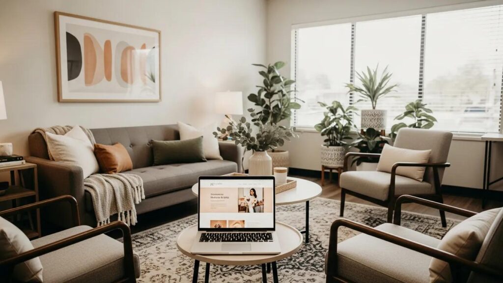 Therapist office with laptop showing therapy website, conveying professionalism and calm