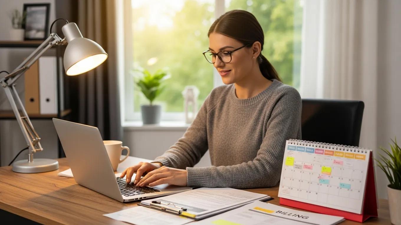Therapist using a laptop for scheduling and billing automation in a therapy office