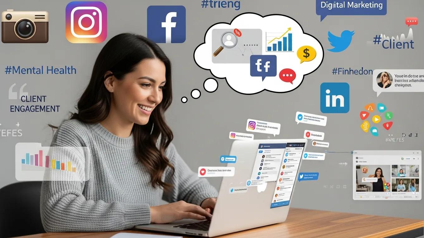 Therapist using a laptop for social media engagement, showcasing digital marketing strategies