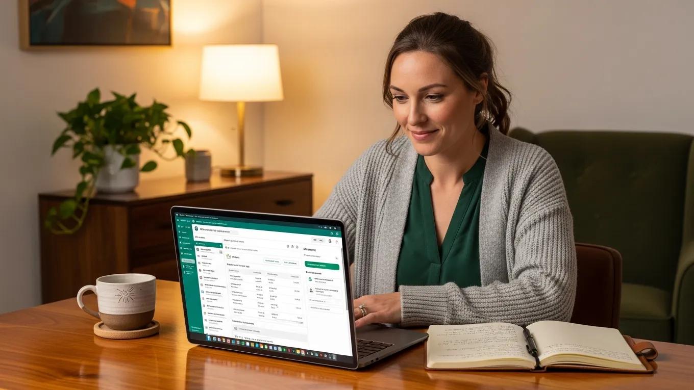 Therapist using EHR software on a laptop in a cozy office, highlighting user-friendly features