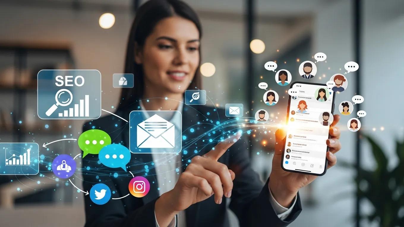 Therapist using smartphone for digital marketing engagement
