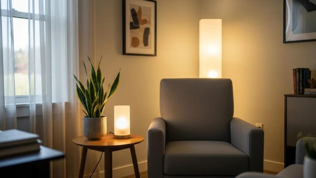 Therapist workspace with a comfortable chair and plant, symbolizing online therapy directories