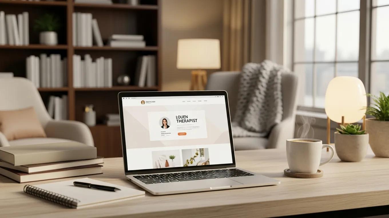 Therapist workspace featuring a laptop displaying a therapy website, notepad, coffee cup, and cozy decor, symbolizing online presence investment for therapists.