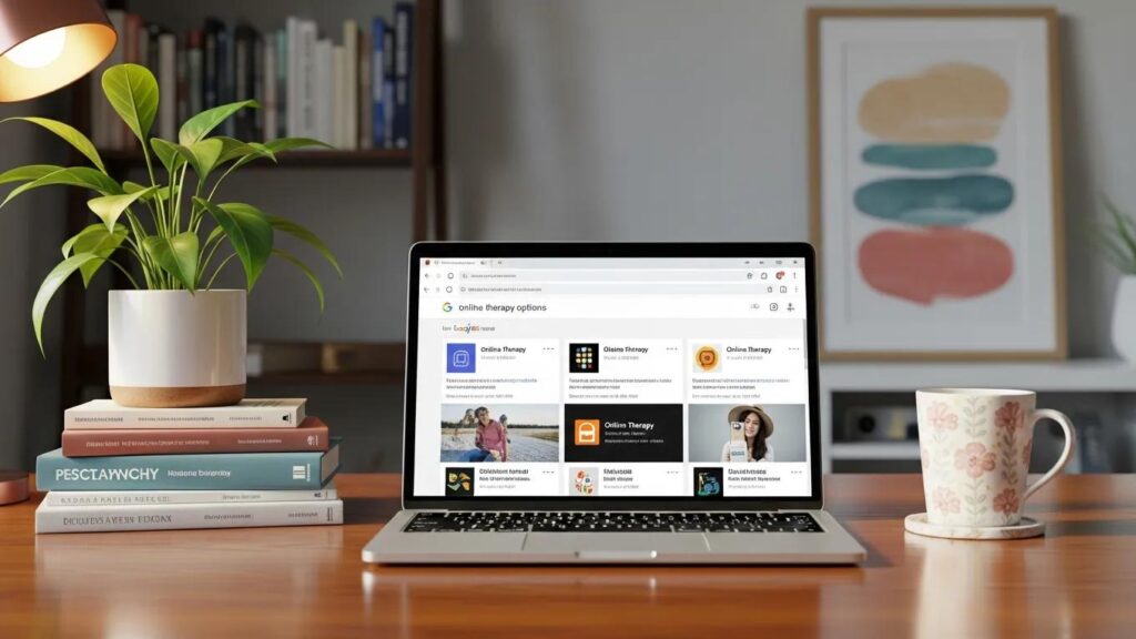 Therapist workspace with laptop showing Google search, emphasizing online therapy visibility