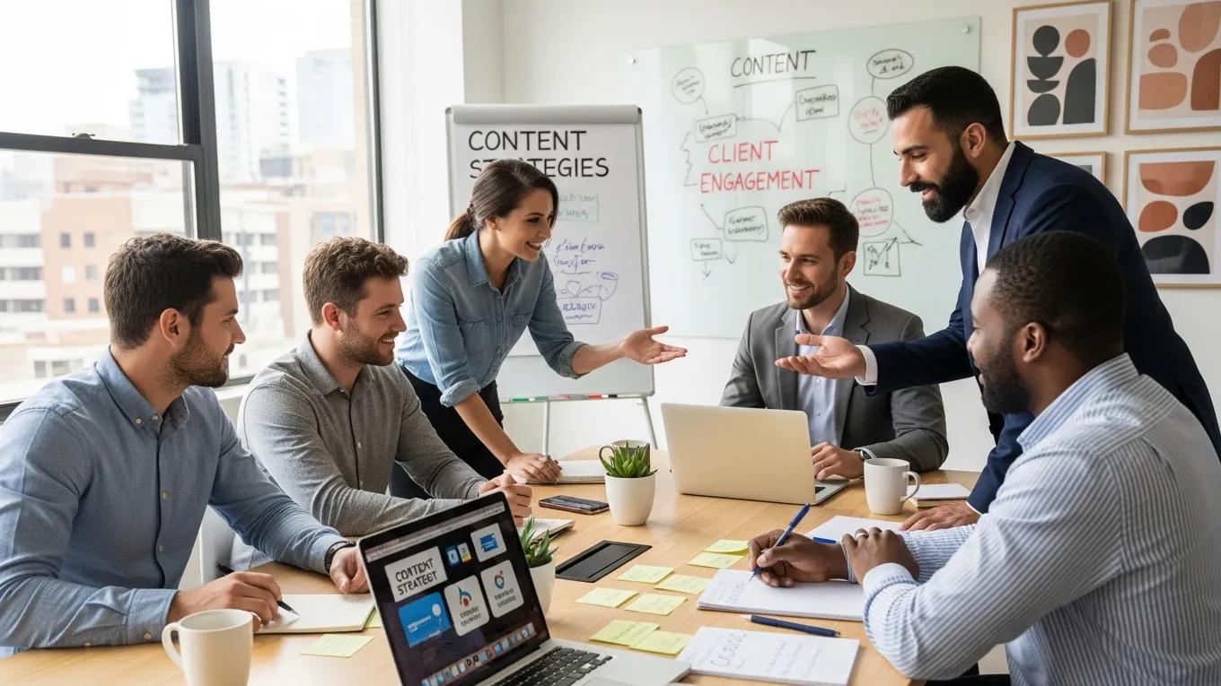 Therapists collaborating on content strategies in a modern office, emphasizing the importance of building authority