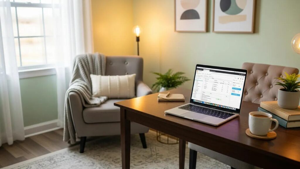 Therapist's office with a laptop showcasing EHR software, emphasizing technology in mental health practices
