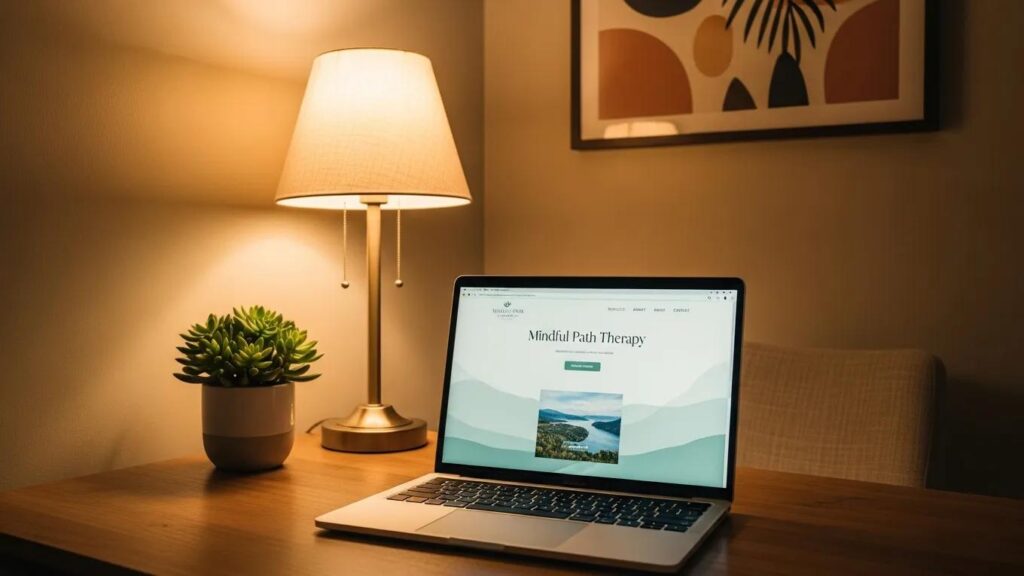 Therapist's workspace with a laptop displaying a professional website, emphasizing online presence
