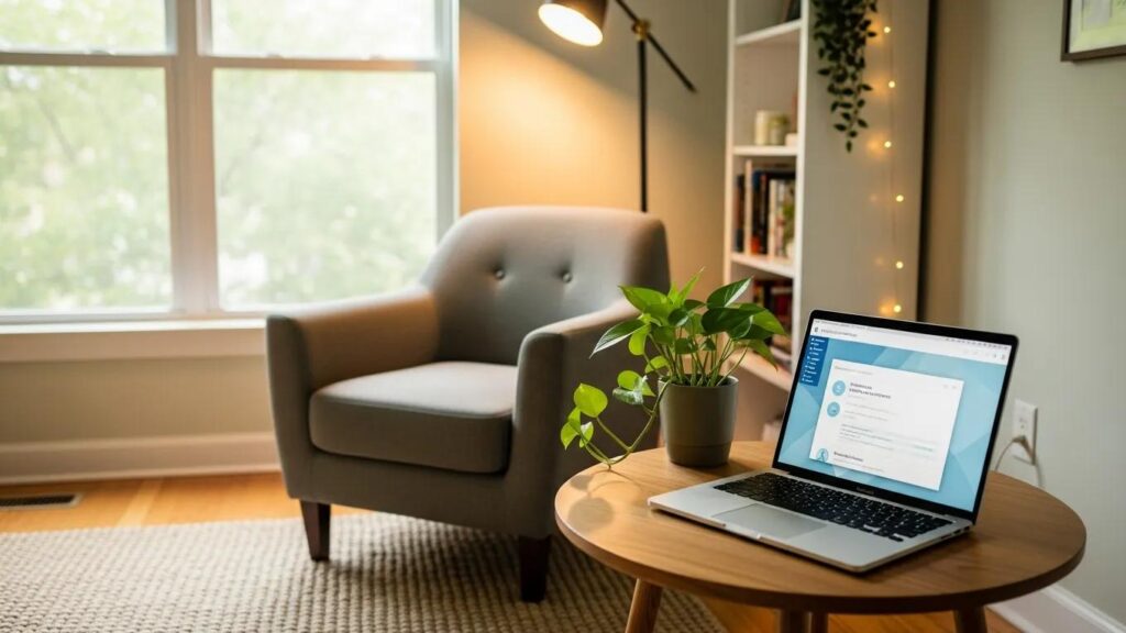 Therapy office with a laptop and calming decor, representing efficient practice management for solo therapists