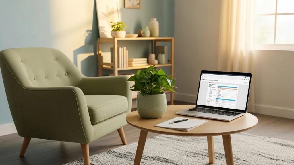 Therapy office with a laptop and calming decor, representing EHR solutions for therapists