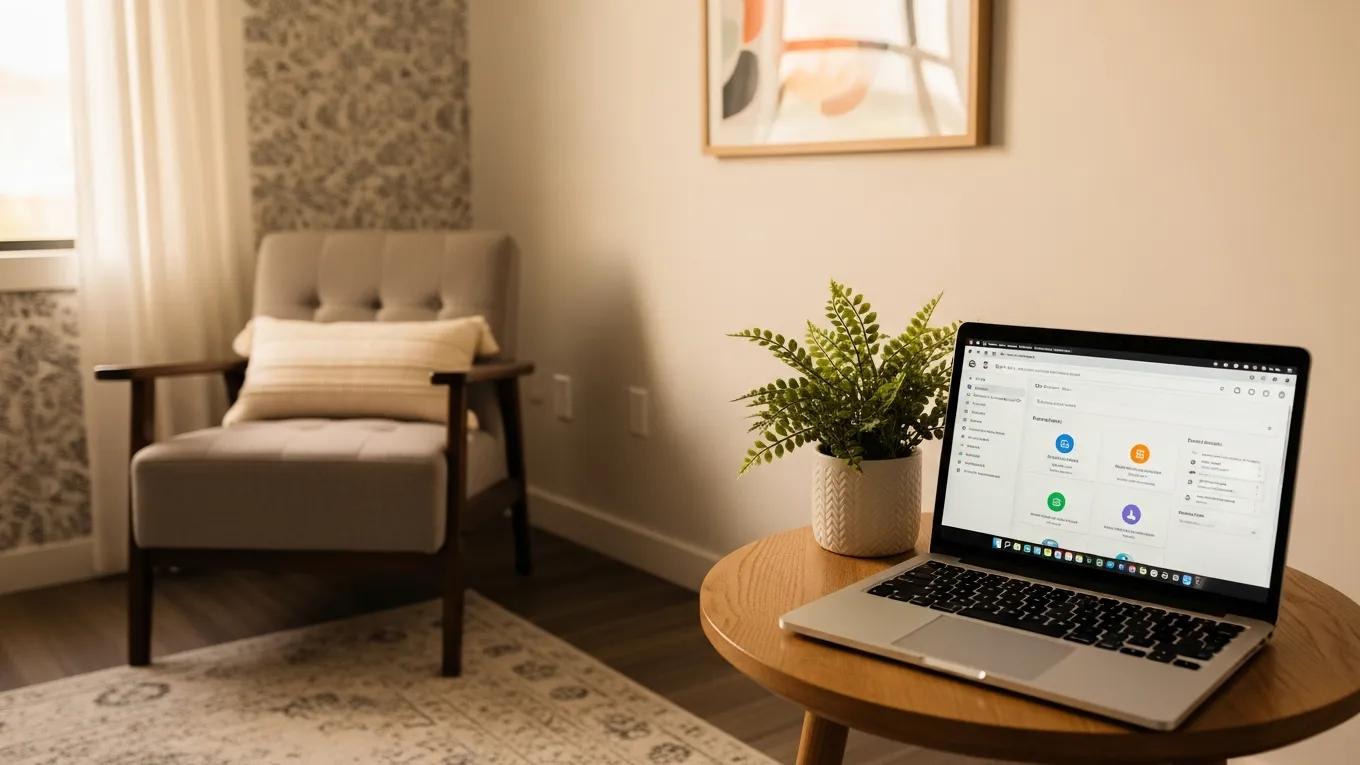 Therapy office with a laptop representing mental health EHR and telehealth integration