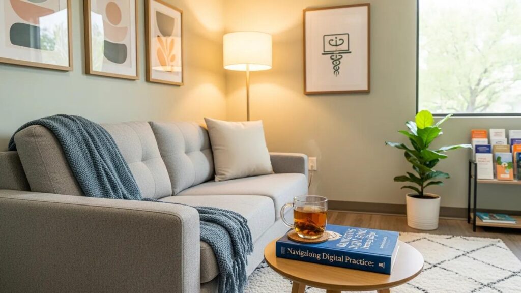 Therapy office with comfortable seating and calming decor, representing a professional therapy practice