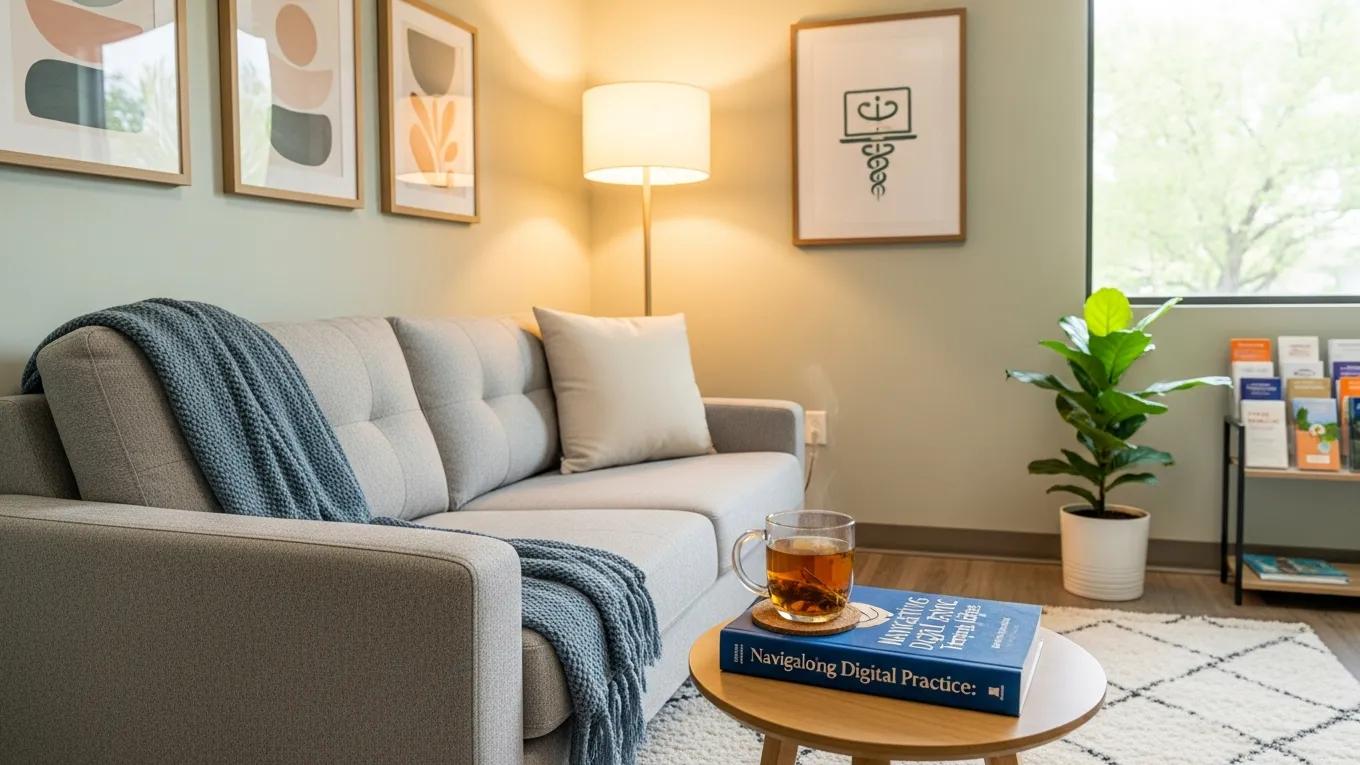 Therapy office with comfortable seating and calming decor, representing a professional therapy practice