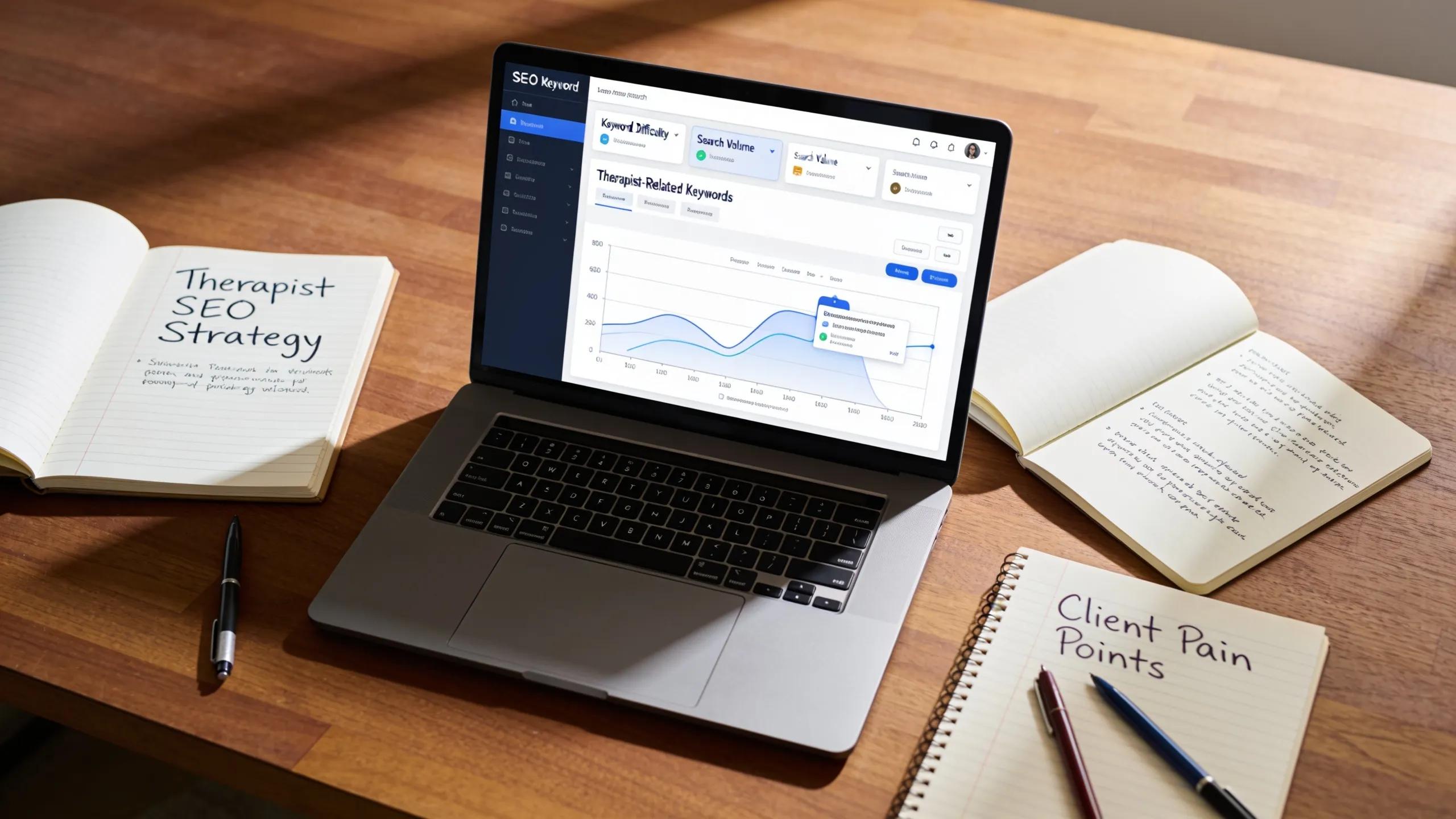 Laptop displaying SEO keyword research tool with notepads and pens on desk
