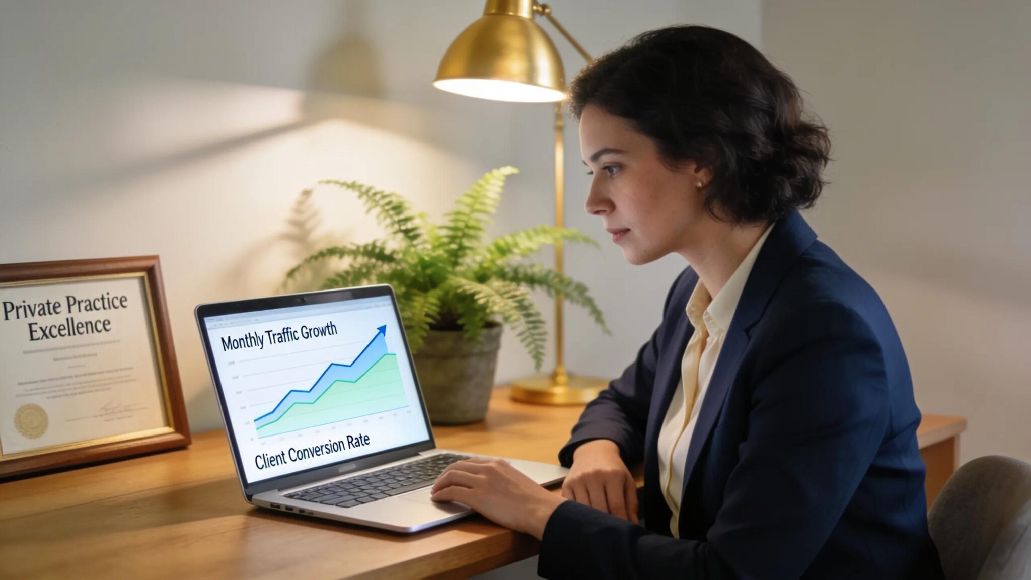 Therapist analyzing website metrics in a professional office setting, representing website equity growth