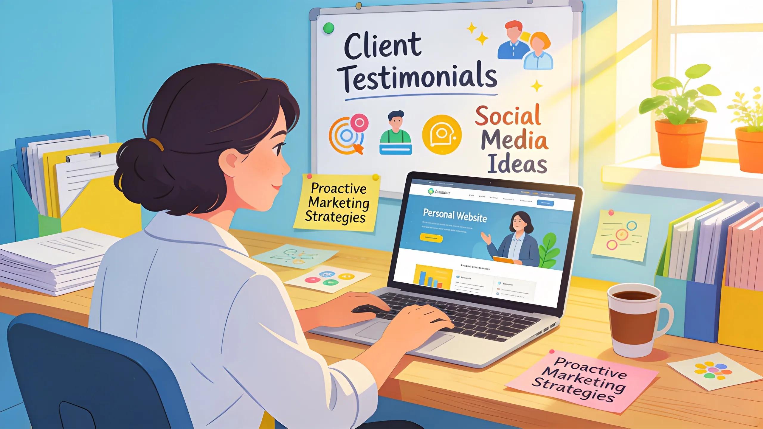 Therapist developing a personal website in a bright workspace, representing proactive marketing strategies to mitigate lead dilution.