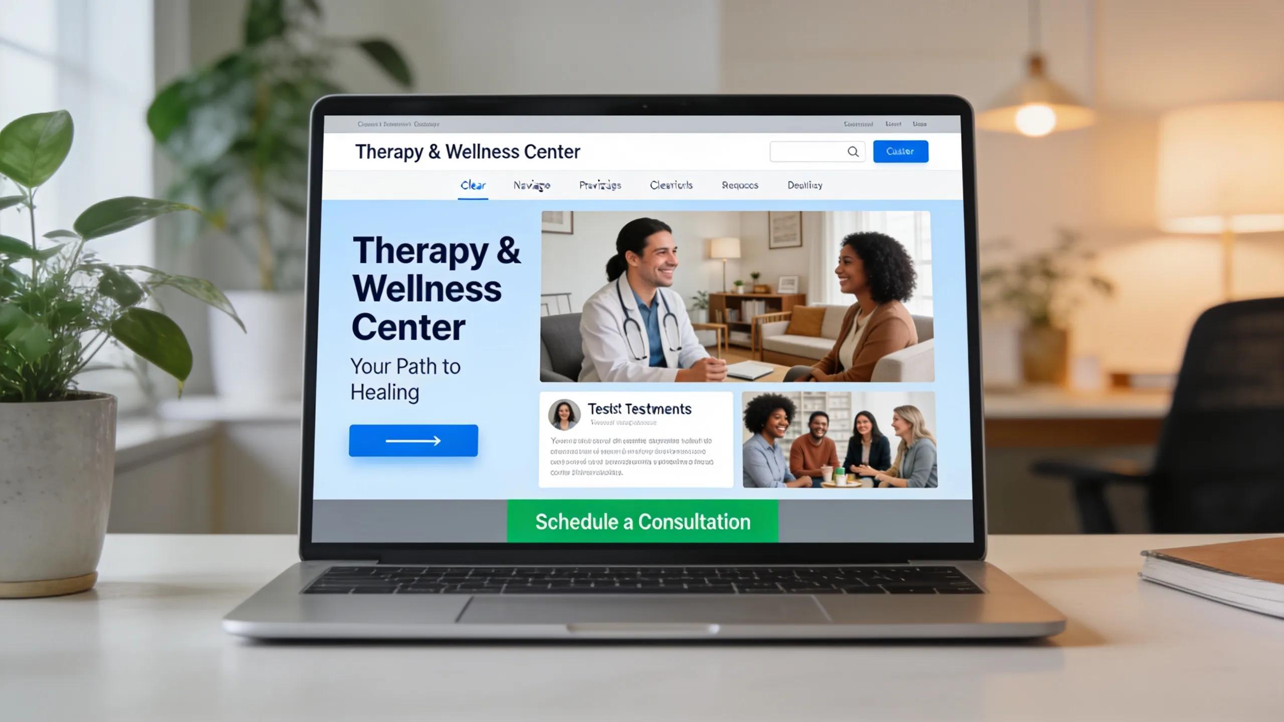 Modern therapy website displayed on a laptop highlighting professional web design benefits