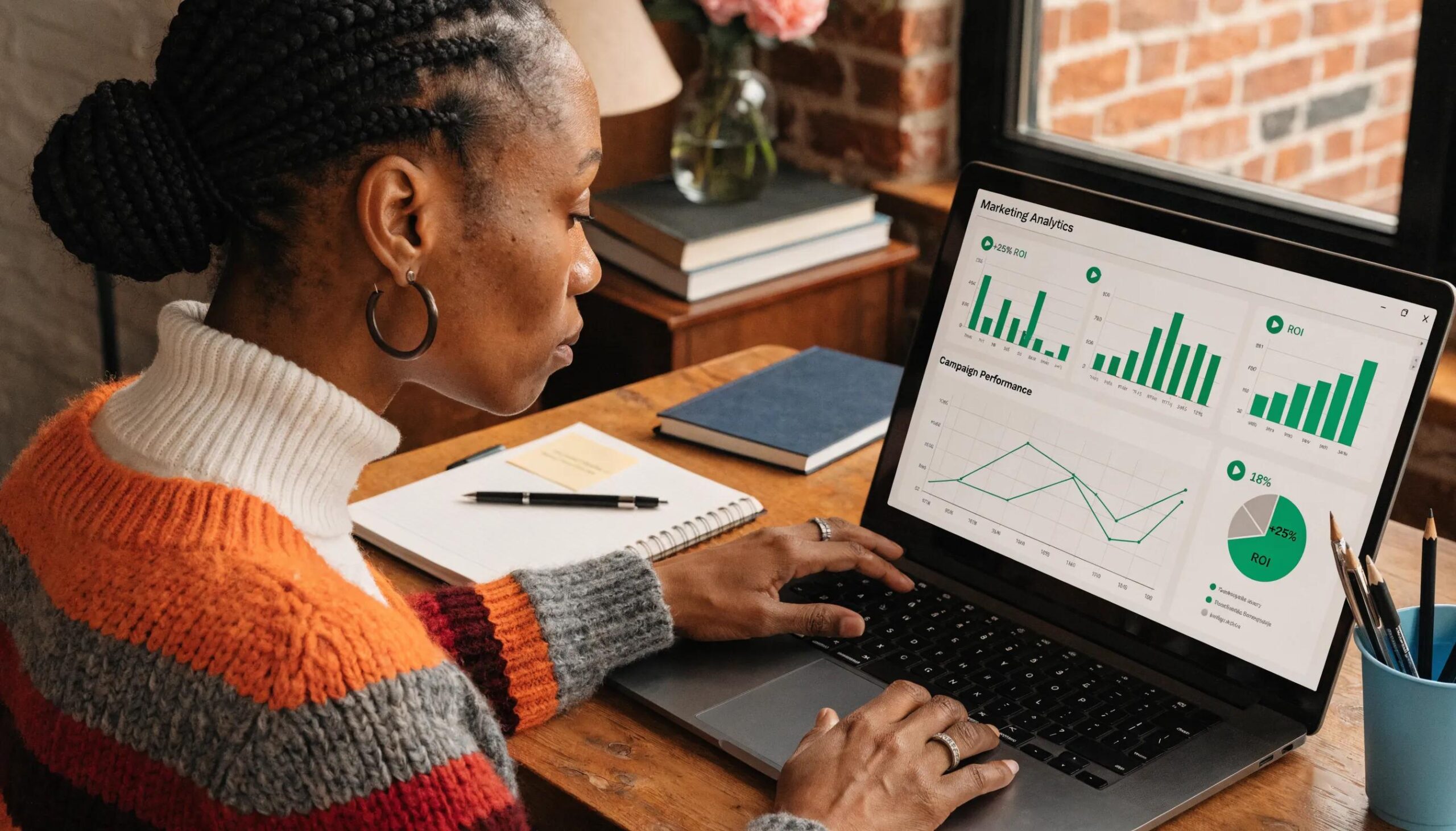 Therapist analyzing marketing ROI data in a cozy office setting
