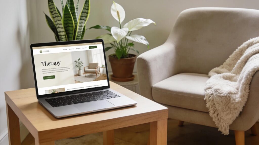 A serene therapist workspace showcasing a modern laptop displaying a therapist website design