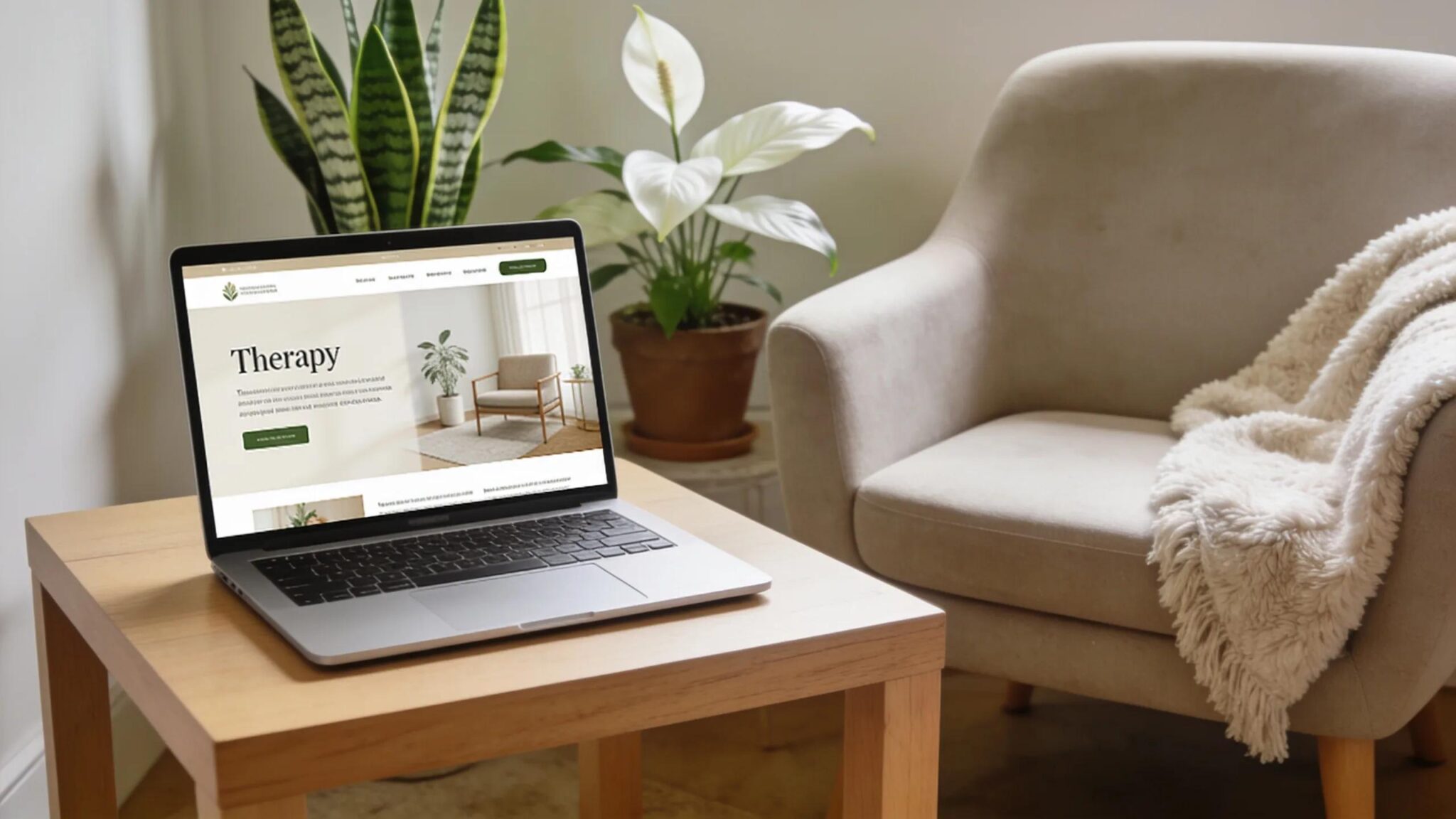 A serene therapist workspace showcasing a modern laptop displaying a therapist website design