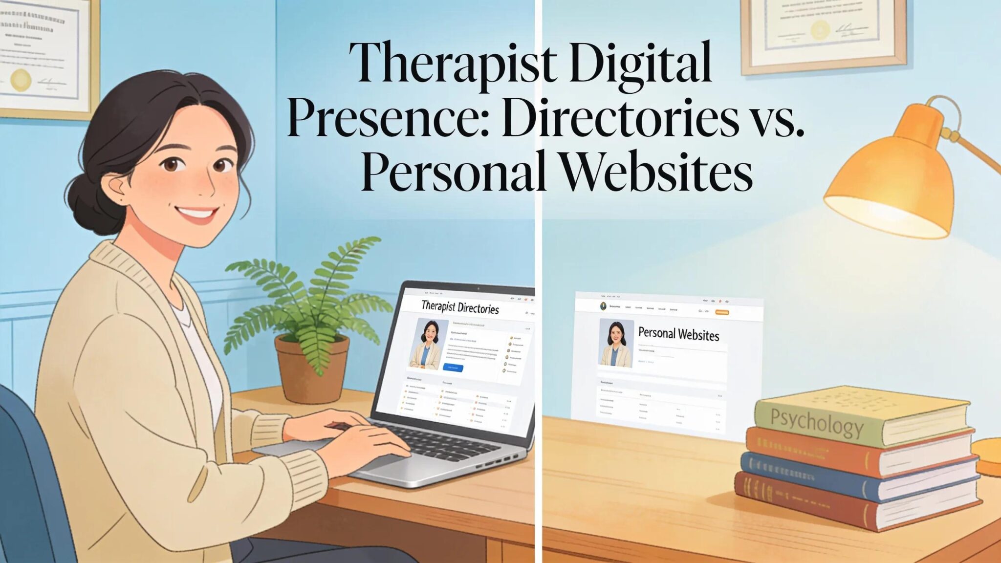 Therapist in an office with a laptop, representing the comparison of therapist directories and personal websites