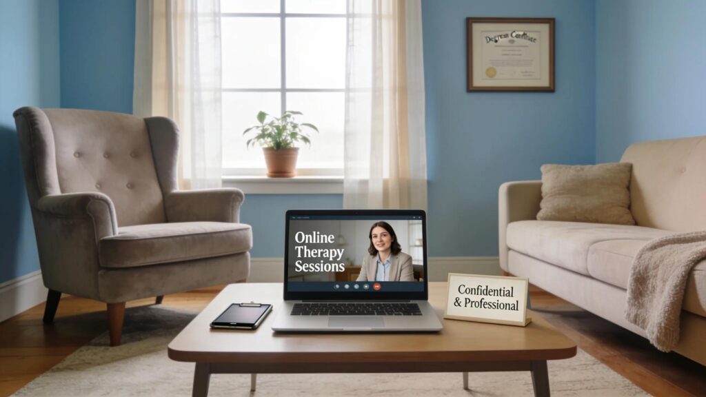 Therapy office with digital tools emphasizing online therapy services for professionals