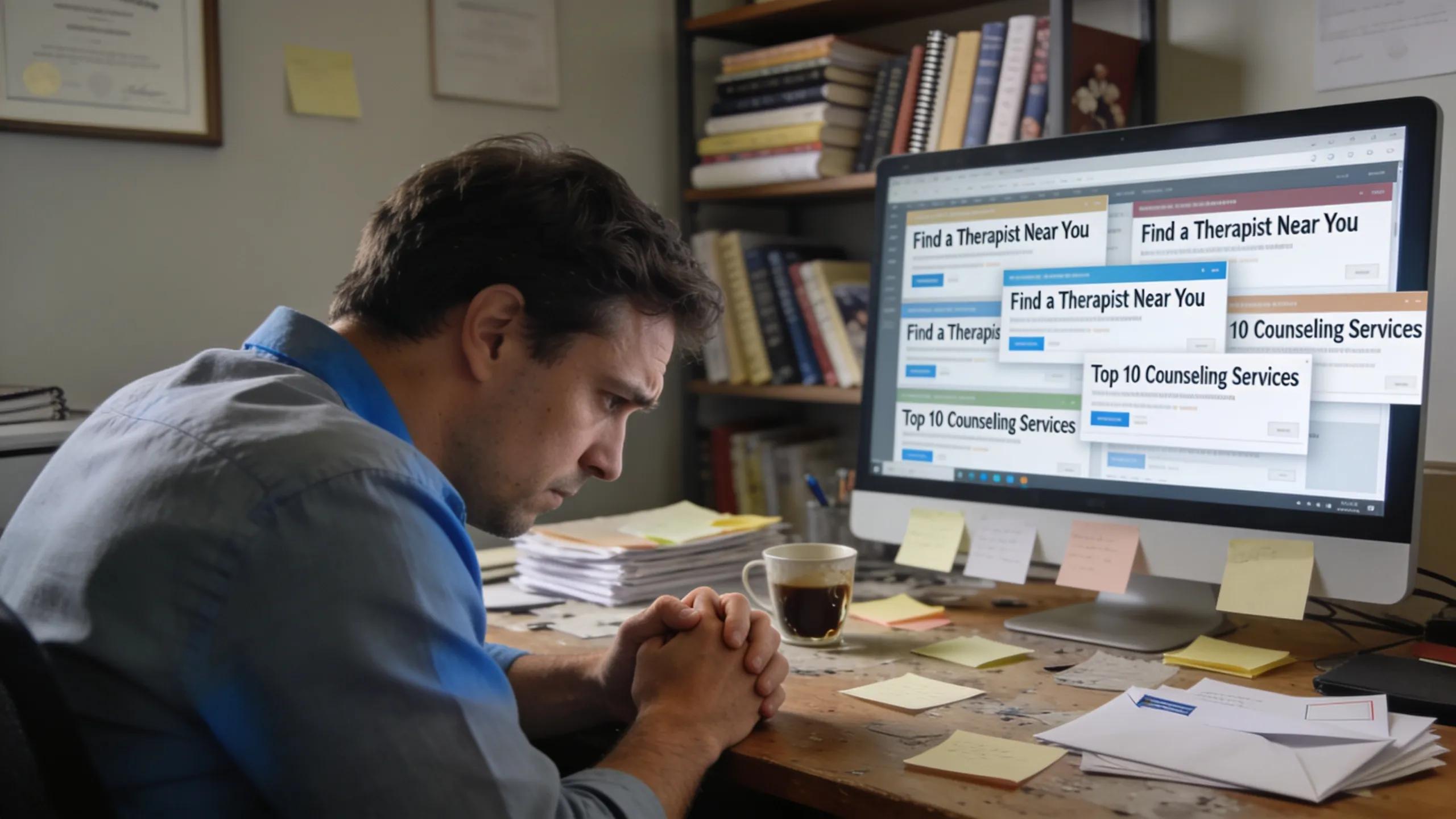 Frustrated therapist viewing online therapy directory listings, illustrating the challenges faced in therapist marketing.