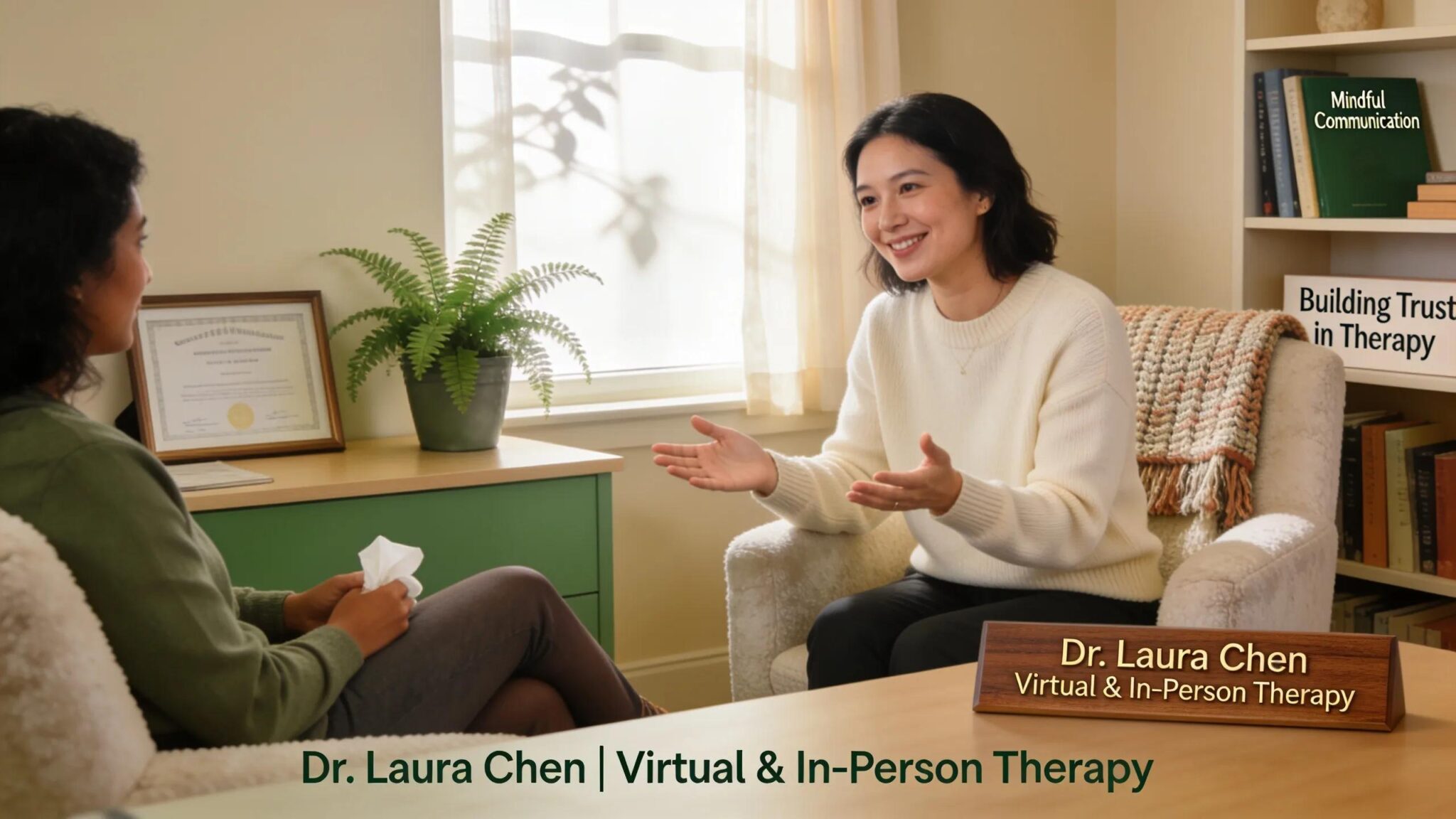 Therapist interacting with clients in a cozy office setting, emphasizing the need for online visibility in therapy services