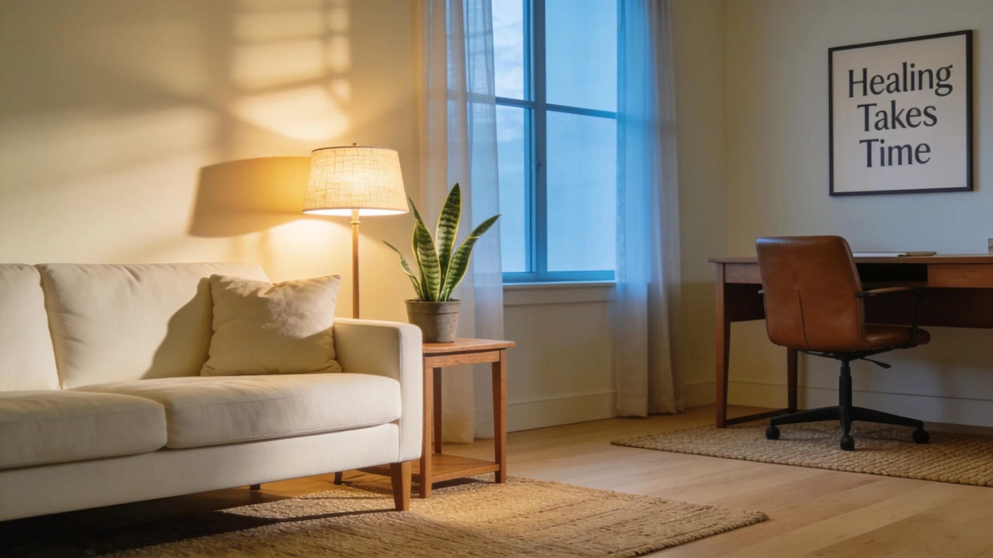 Therapy office with comfortable couch and calming decor, representing mental health and wellness