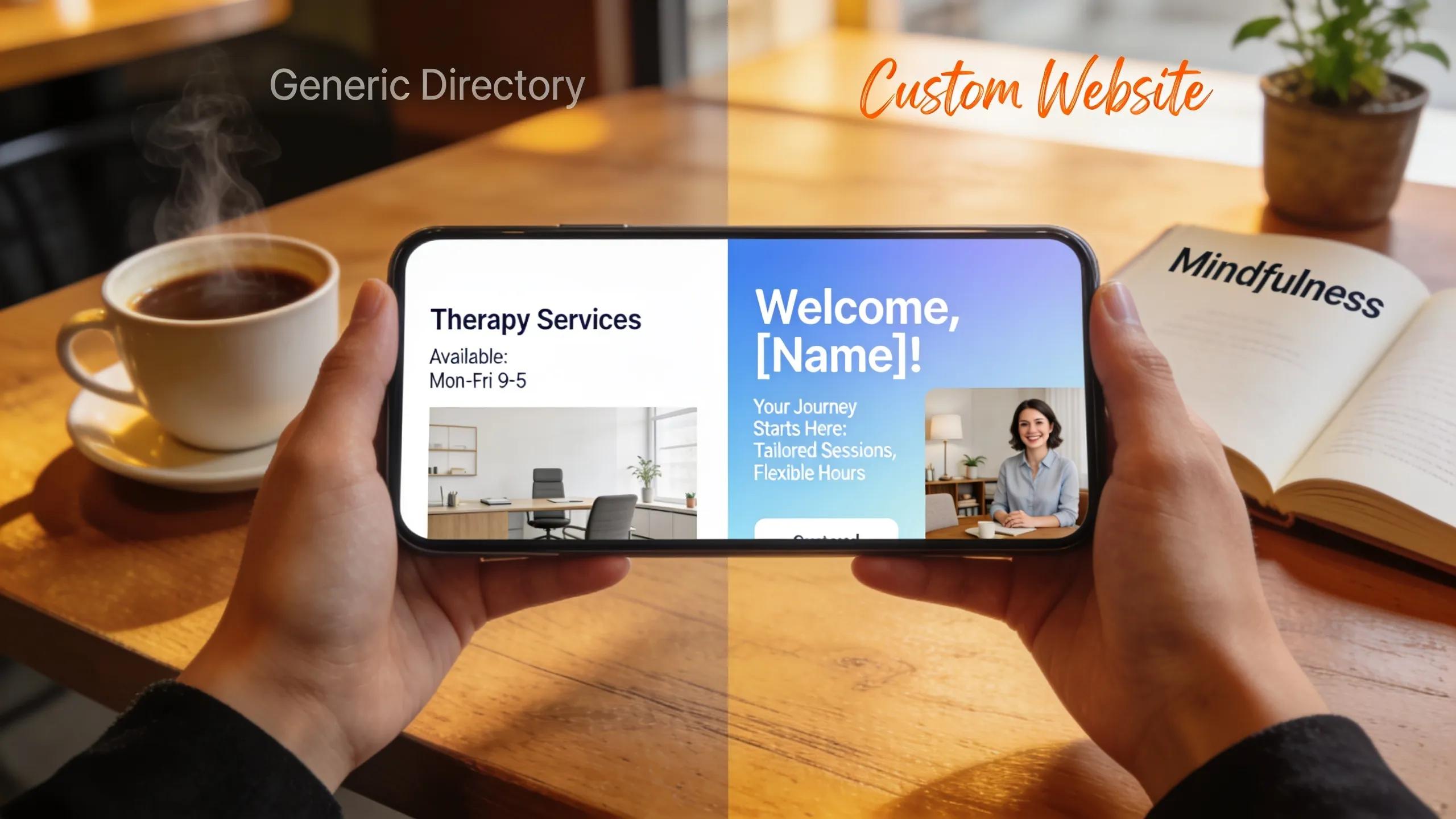 Comparison of a generic therapy directory profile and a personalized mobile-optimized website, showing the benefits of tailored design