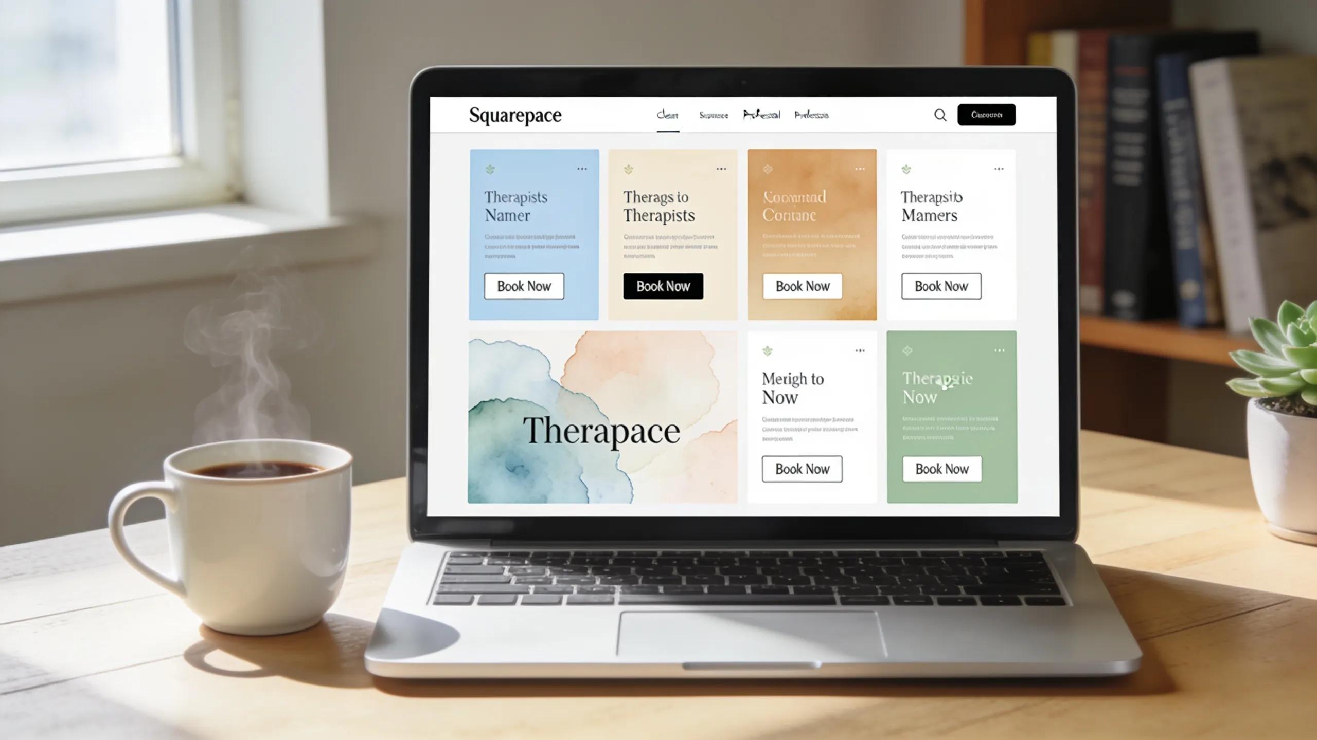 Computer screen showing various Squarespace templates for therapists