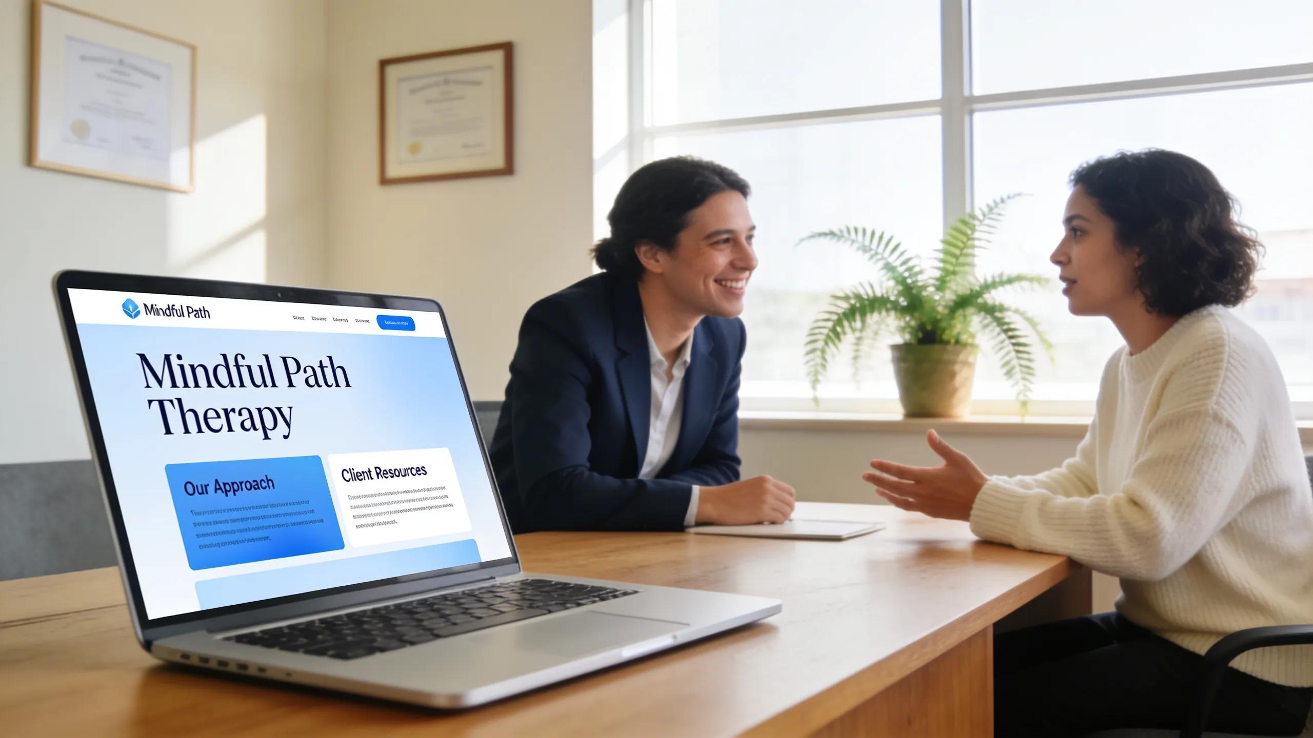 Therapist interacting with a client, illustrating the benefits of owning a personalized website