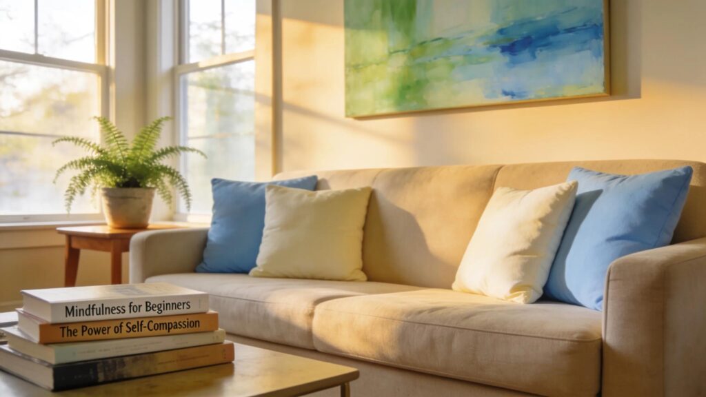 Welcoming therapy office environment with cozy seating and calming decor