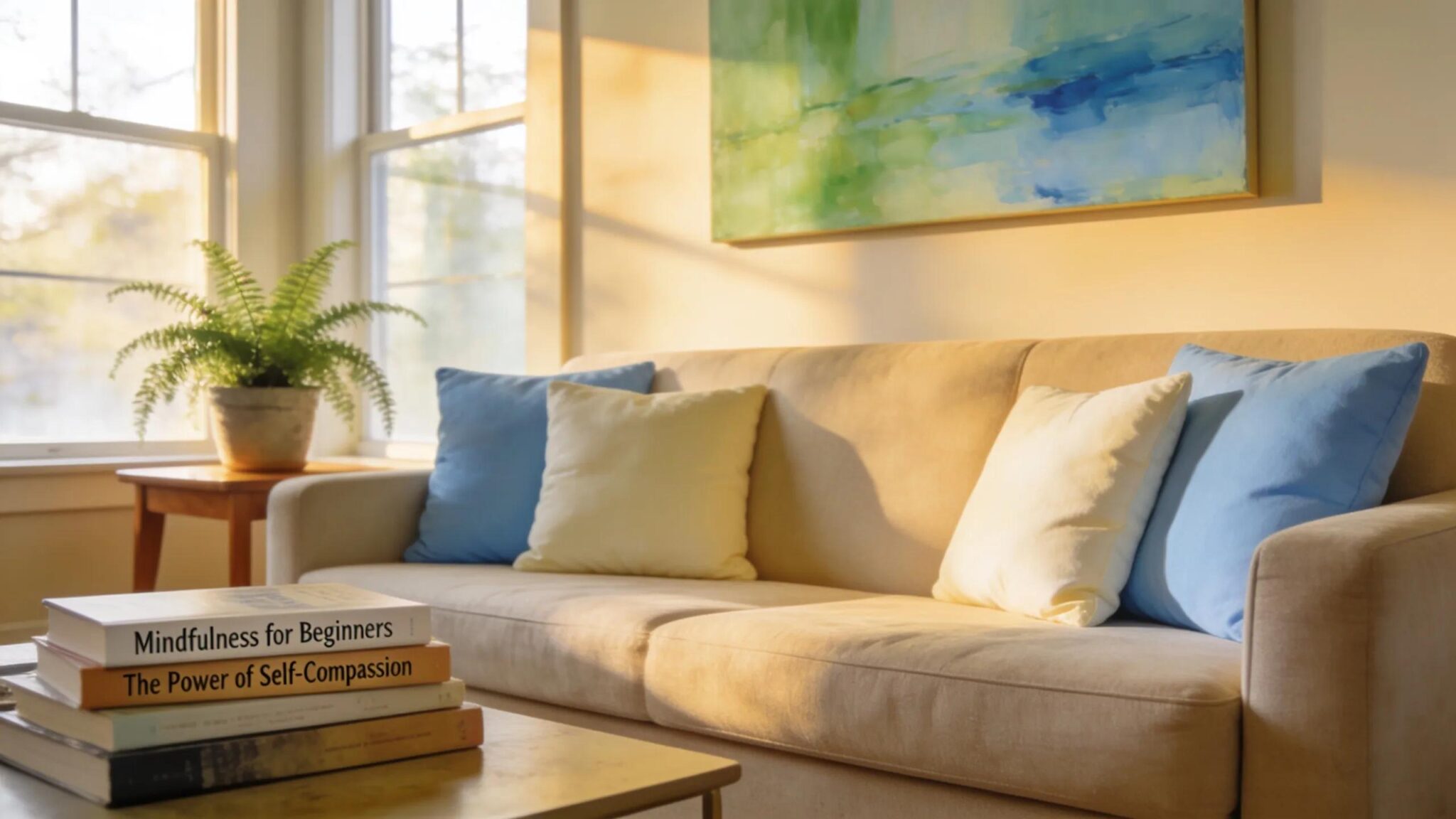 Welcoming therapy office environment with cozy seating and calming decor