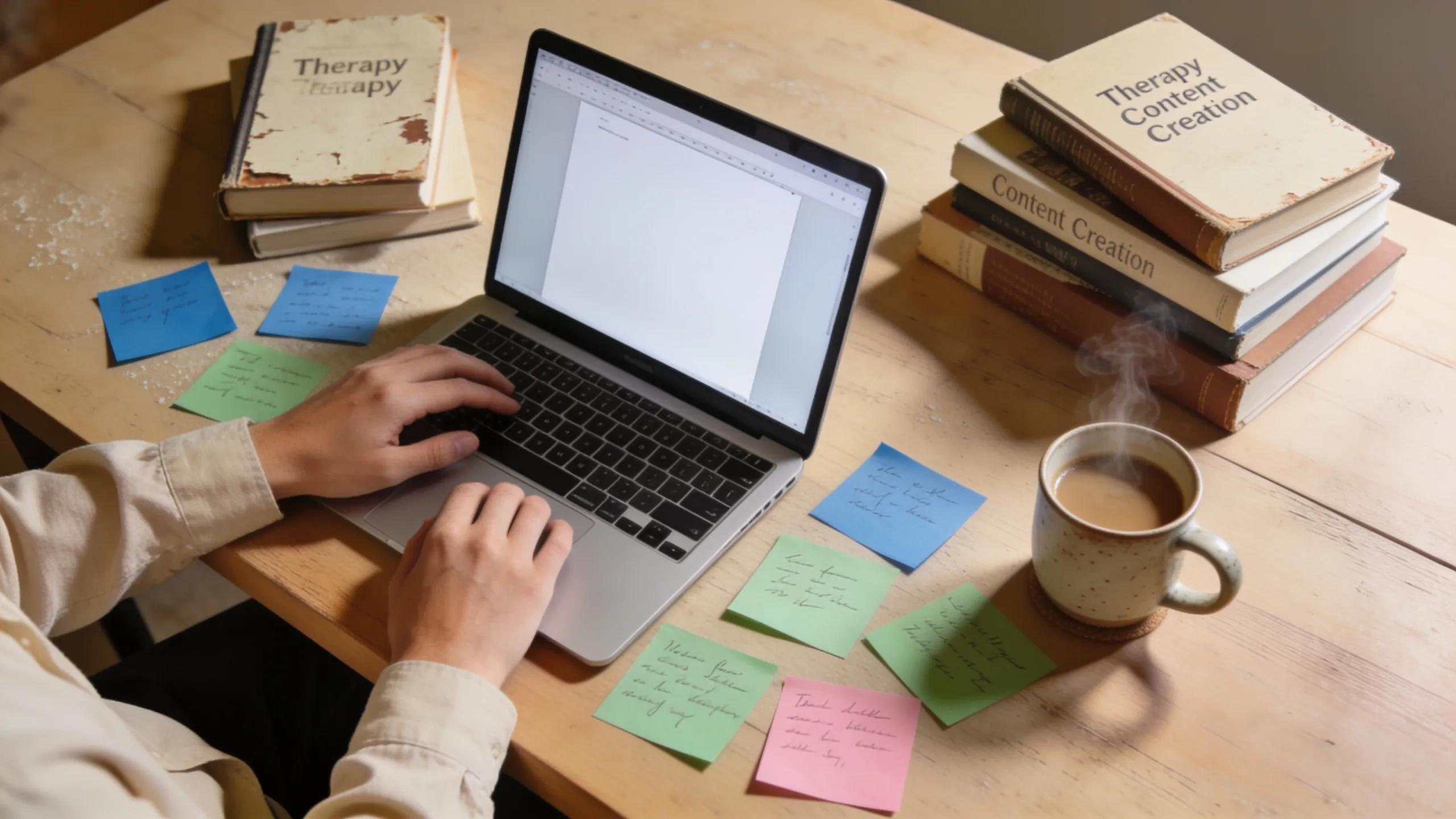 Therapist working on content creation in a cozy workspace, symbolizing authority building in the therapy field