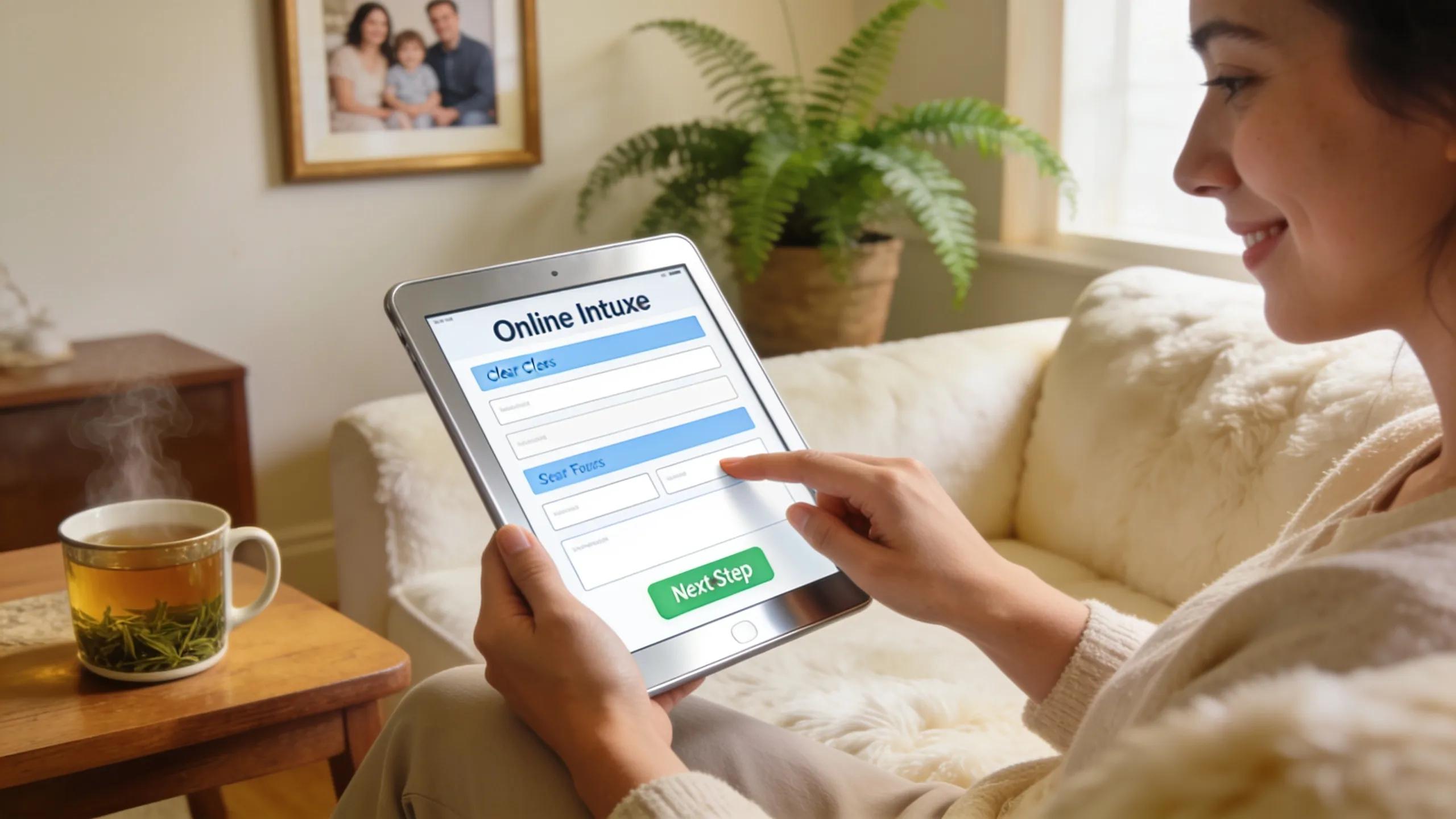 Client navigating a user-friendly online intake form in a cozy home setting