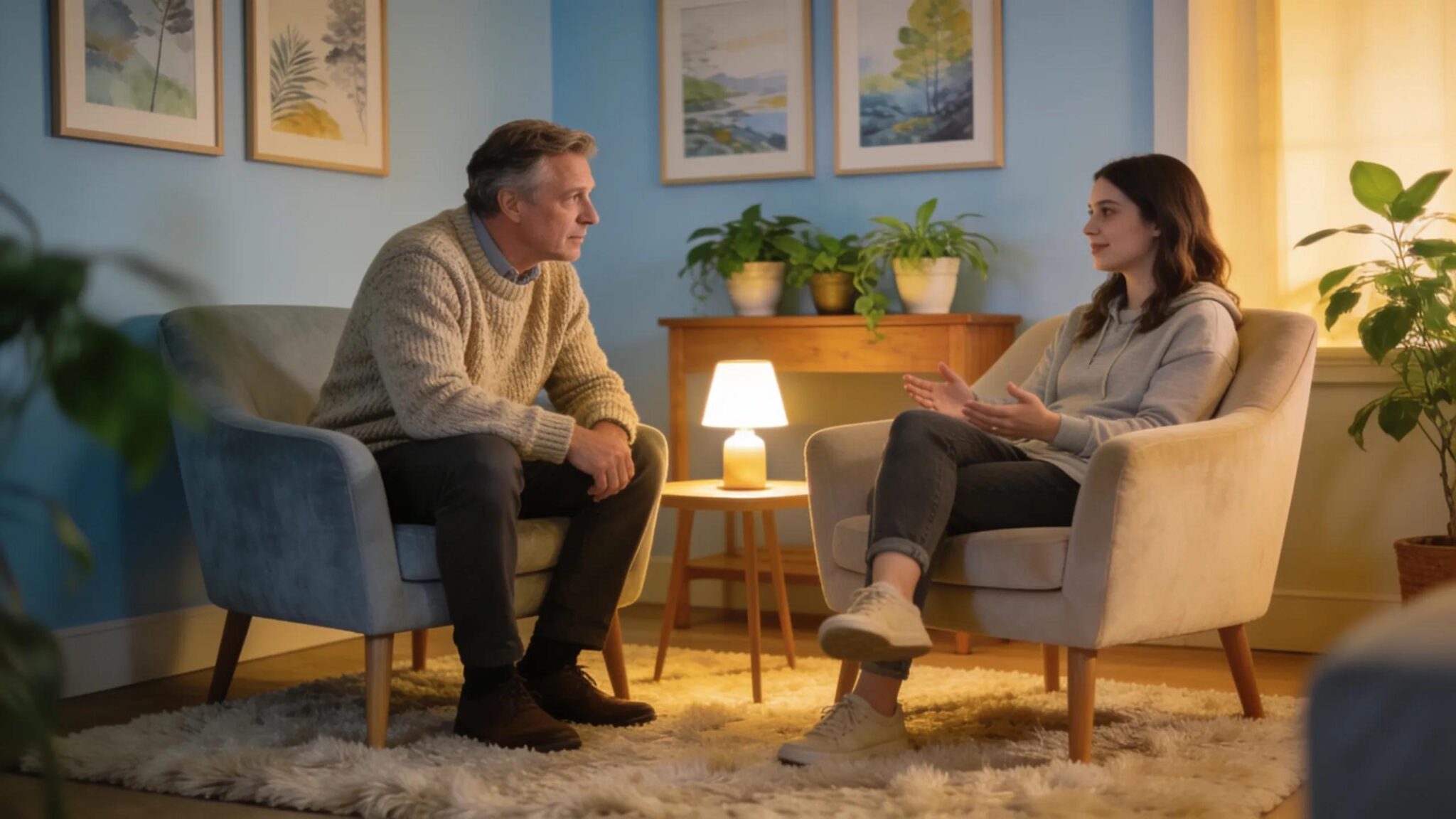 Therapy office setting with therapist and client fostering trust and engagement