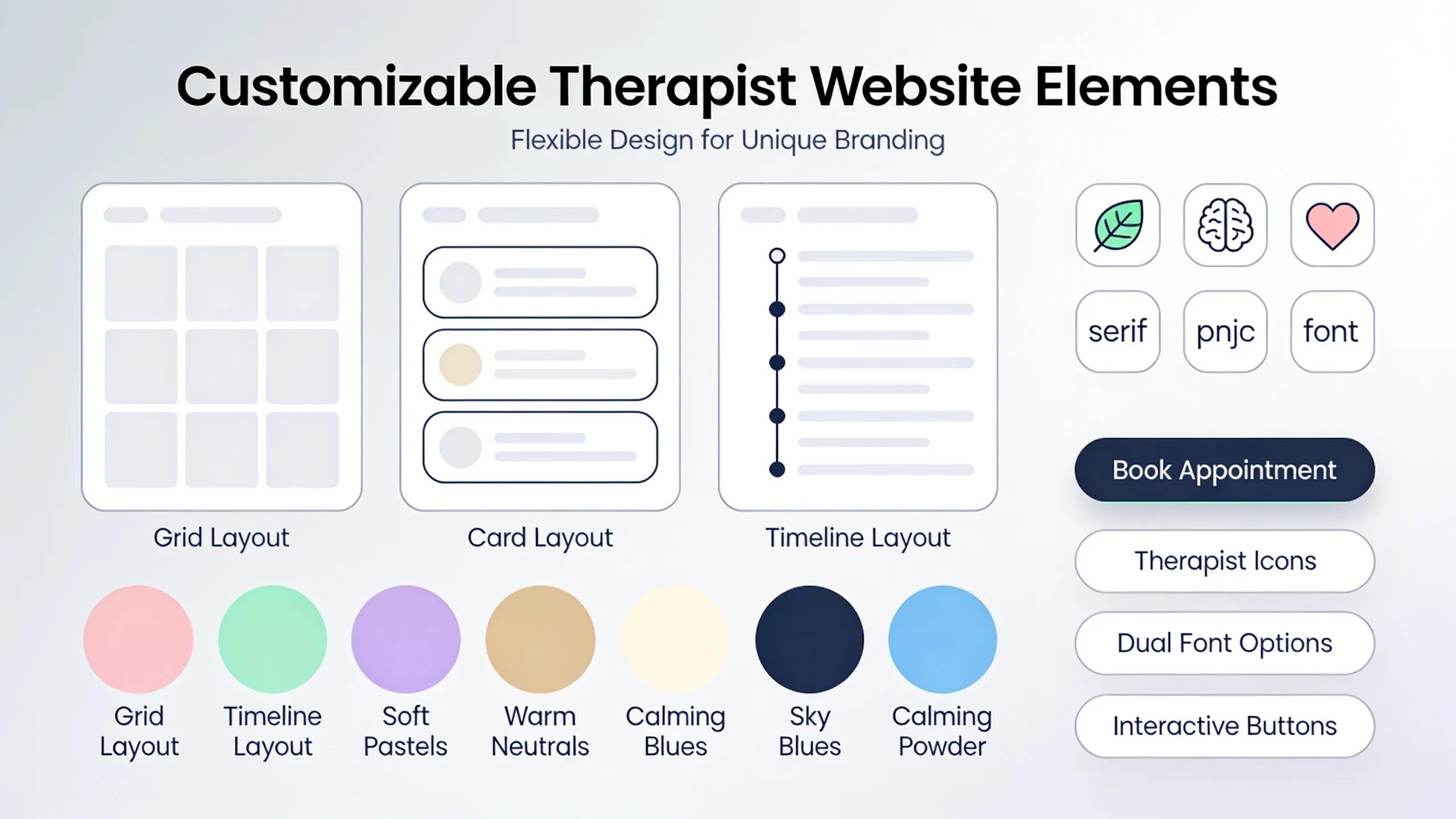 Customizable website elements for therapists showcasing design flexibility and branding options