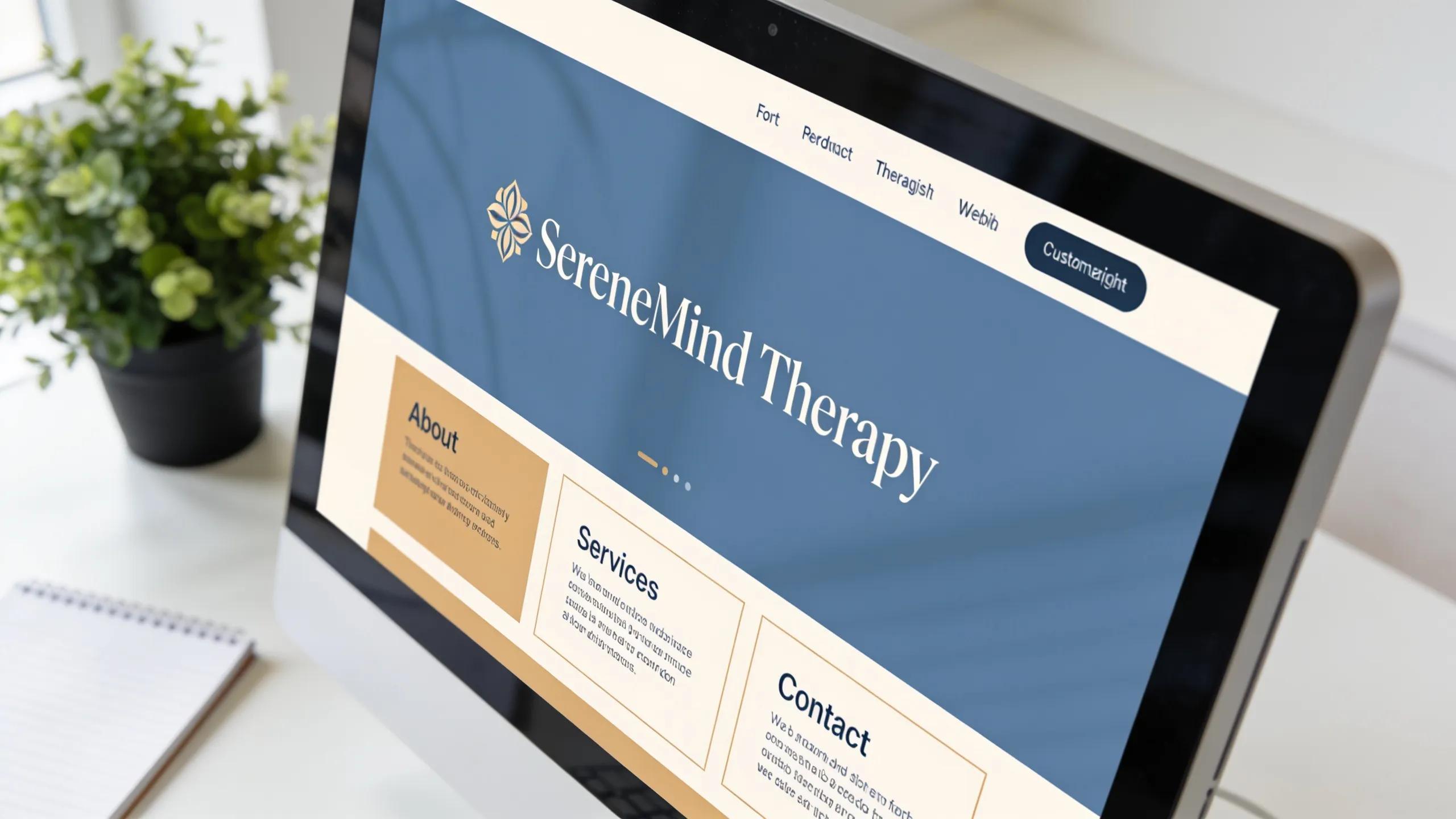 Computer screen featuring a customized therapist website design, highlighting unique branding and user-friendly interface