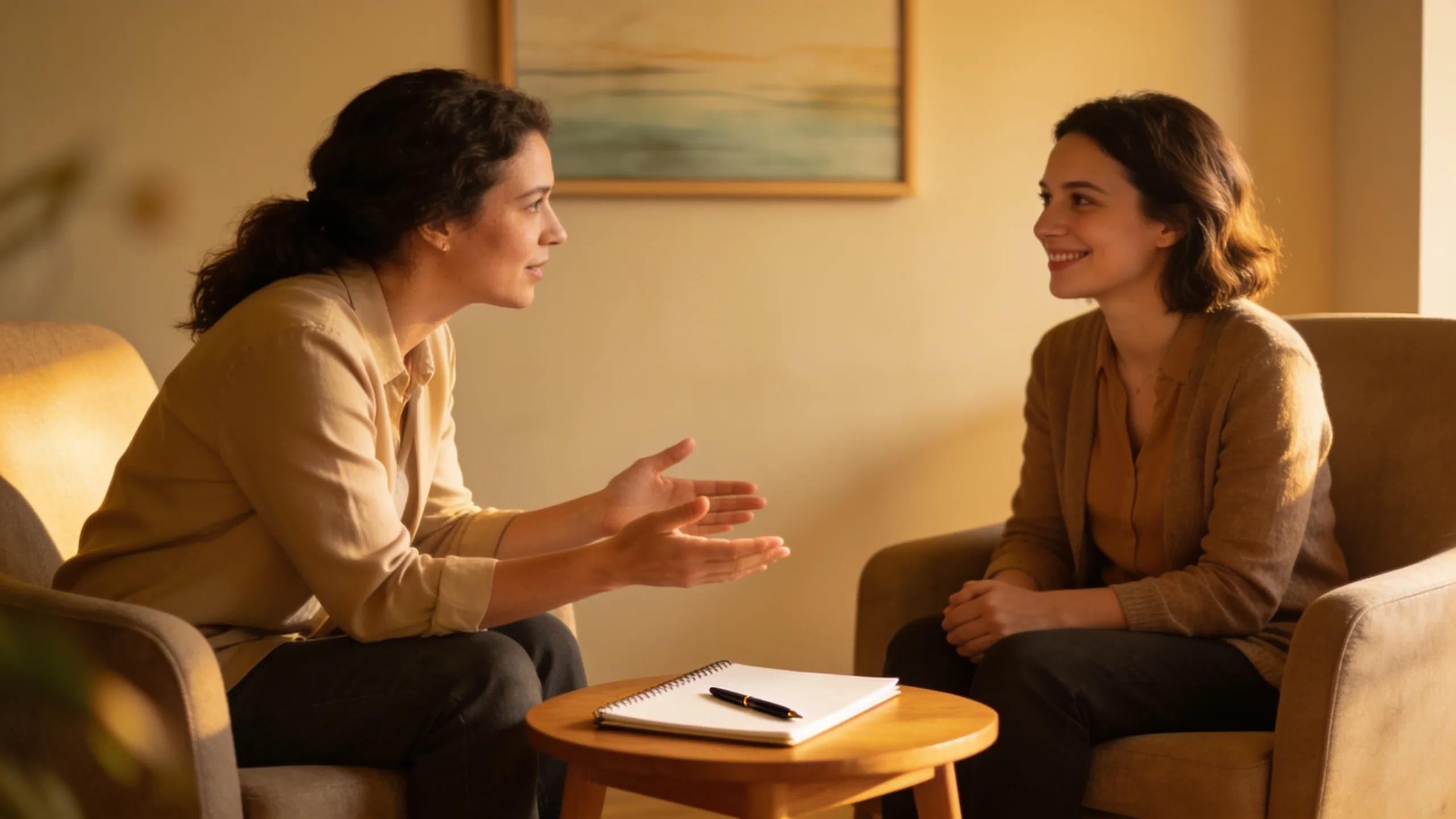 Therapist and client engaged in a thoughtful conversation in a therapy room