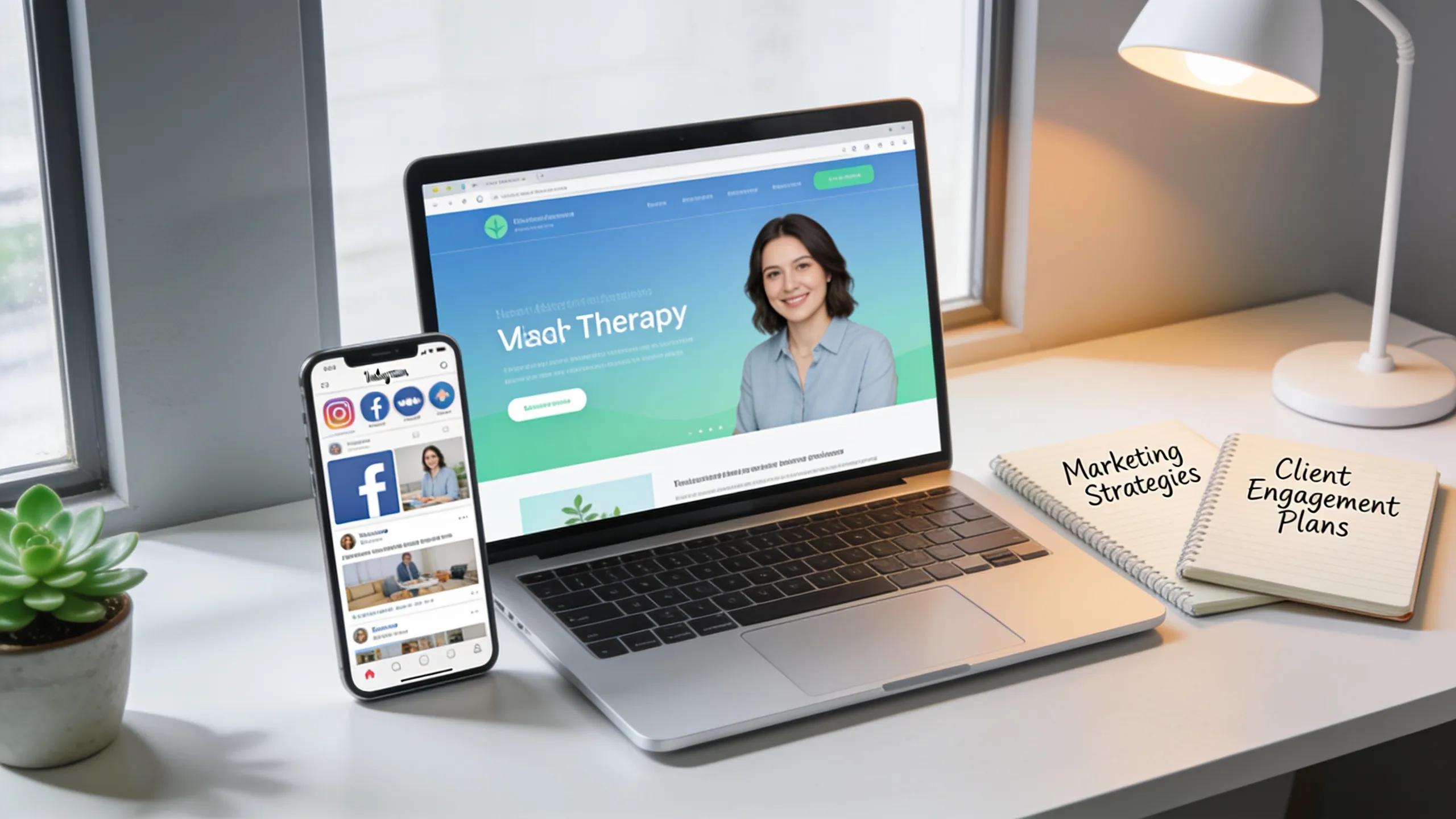 Digital workspace with marketing tools supporting a therapist's online strategy