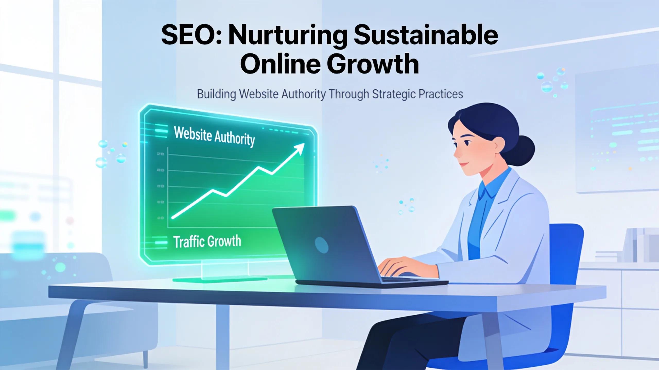 Digital display showing growing website metrics, emphasizing SEO practices for long-term value