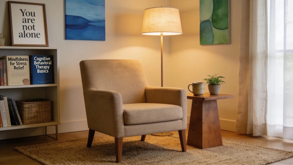 Therapist's soothing workspace illustrating personal branding in mental health