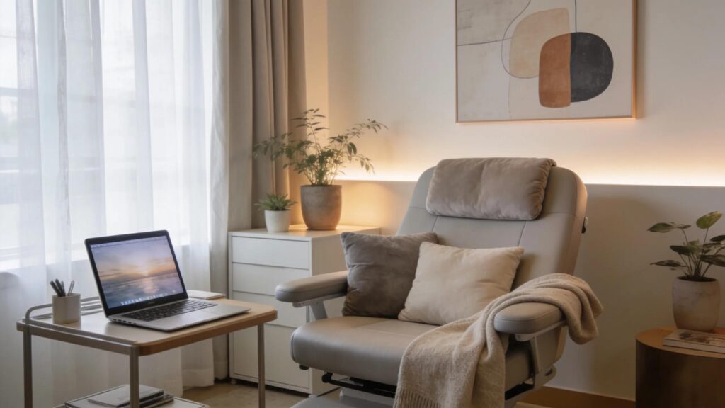 Therapist's serene workspace emphasizing calming branding elements